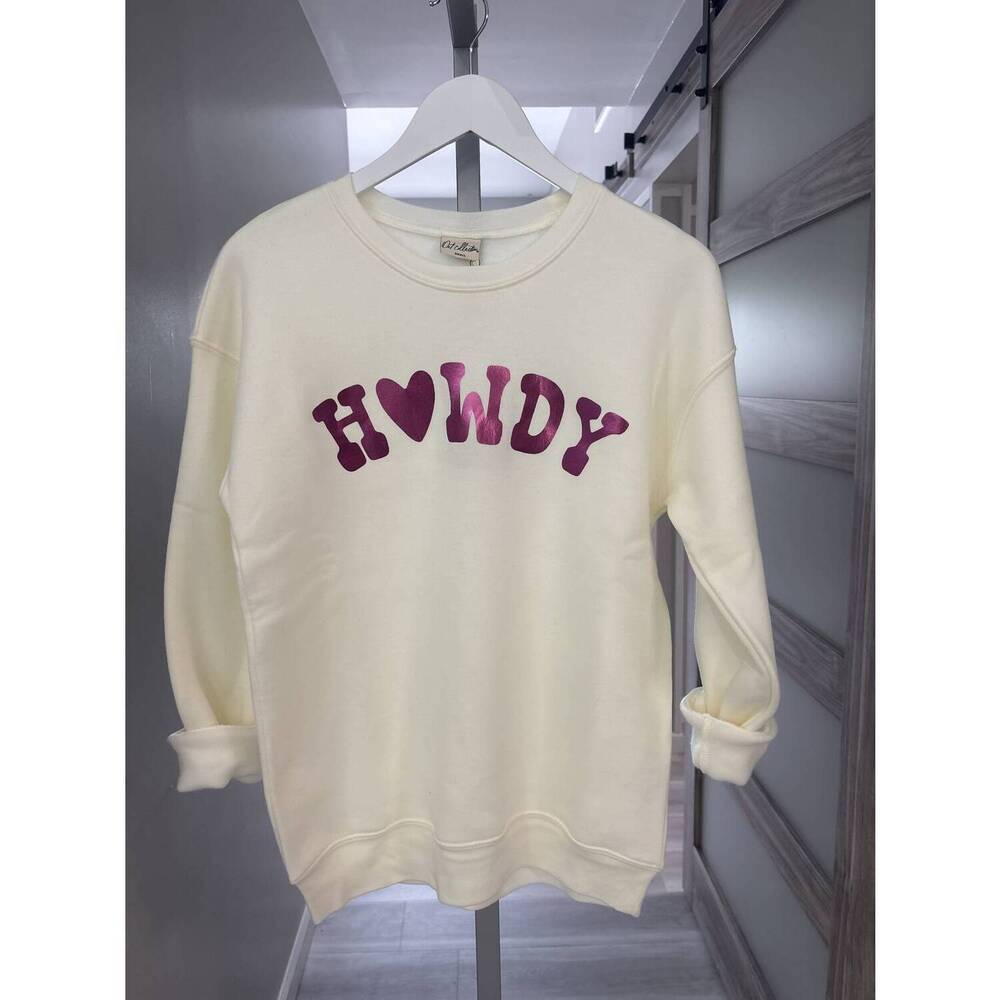 NEW OAT COLLECTIVE women's howdy foil sweatshirt in vintage white/pink